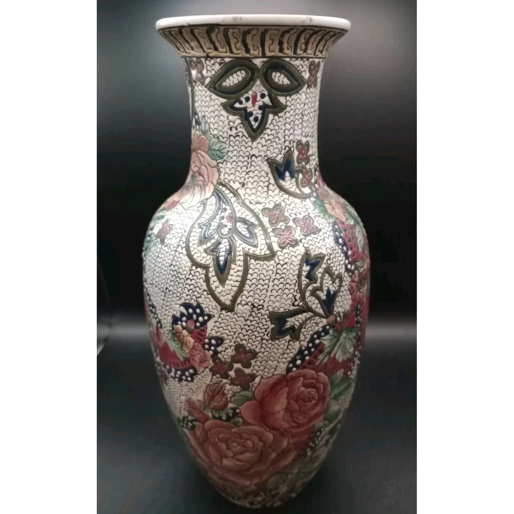 Vintage Tall Textured Porcelain Chinese Vase Hand Painted Raised Flowers 12in